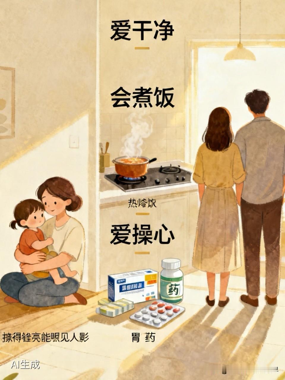 他爱干净，地板擦得能照见人影，衬衫领口永远雪白。

他会煮饭，厨艺不算精湛，但灶
