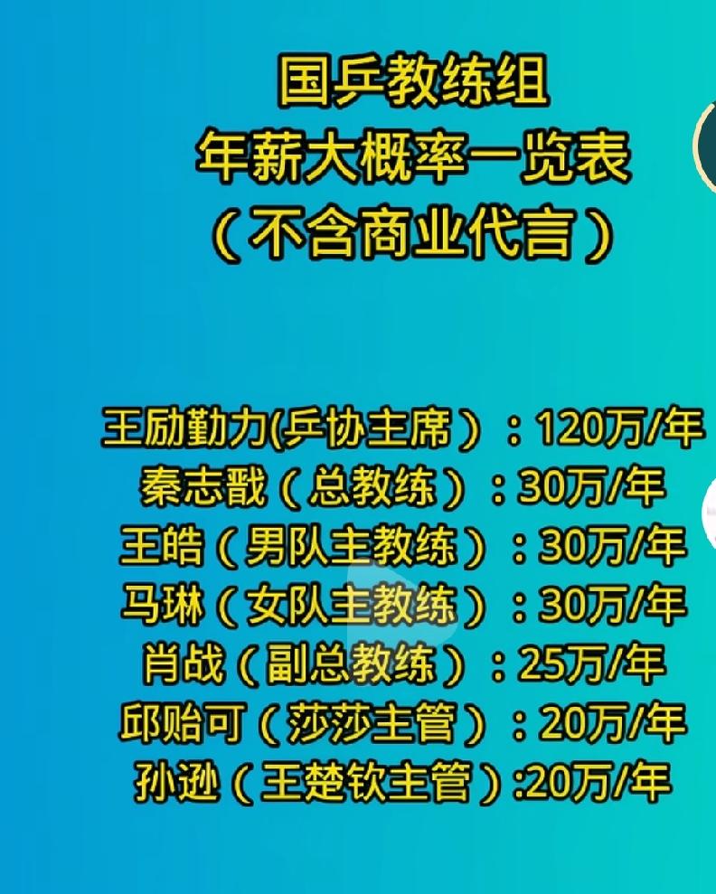 国乒的乒协主席怎么一年挣这么多钱呢？这一百多万呢啊，这还不算其它收入啊，这也太多