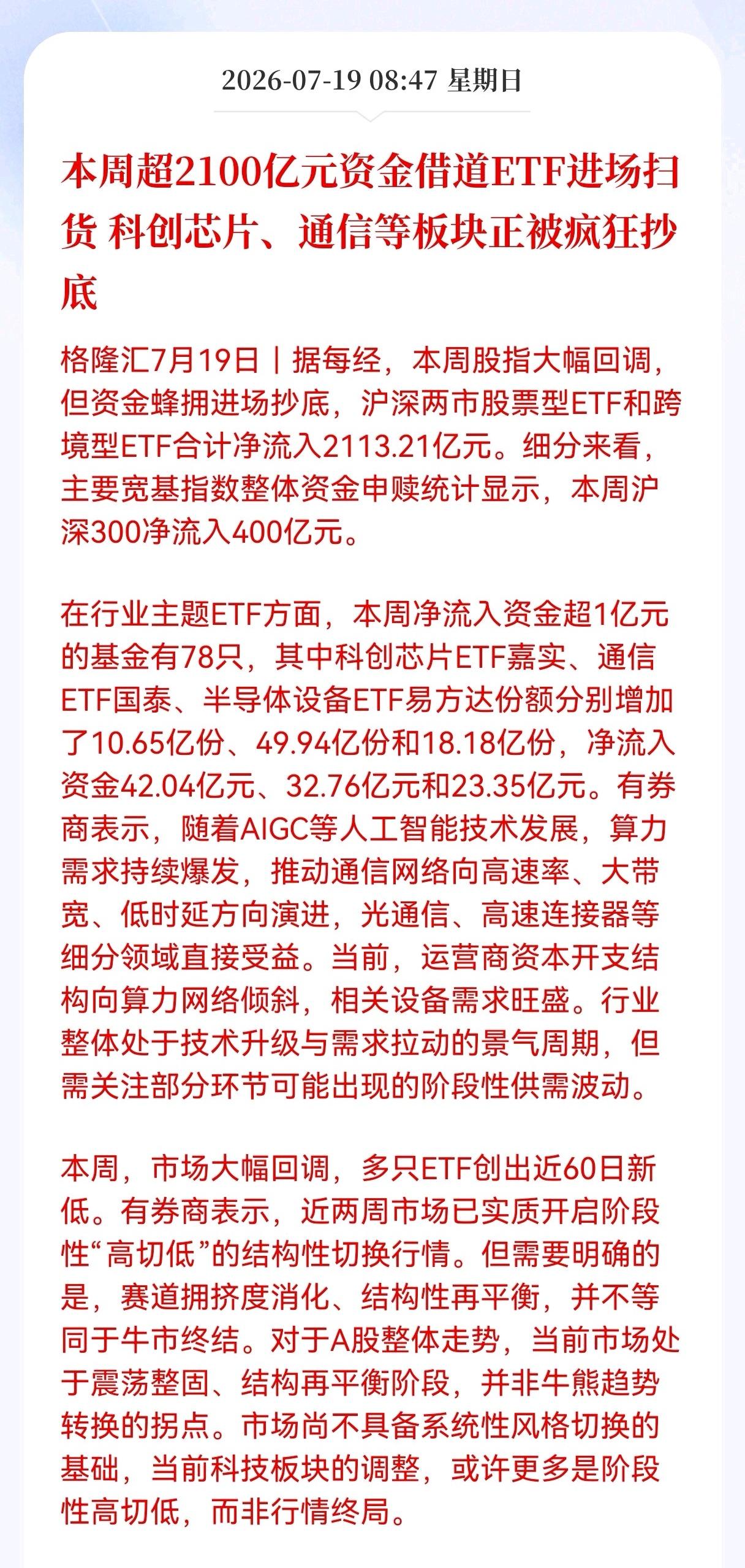 好消息！重大好消息！
通信板块迎来好消息！
本周超2100亿元资金，借道ETF进