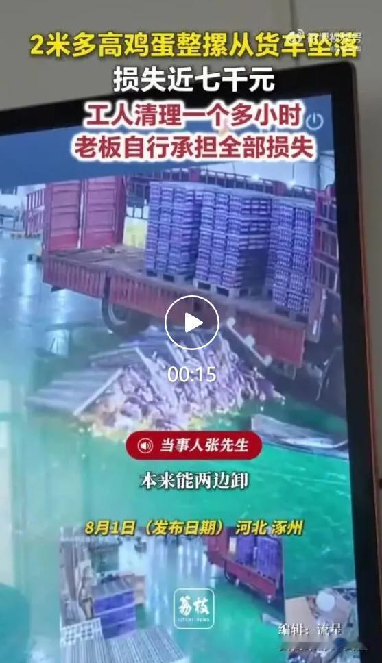 7 月 31 日，河北省保定市涿州一家鸡蛋加工厂区内，货车上堆叠两米多高的整摞鸡