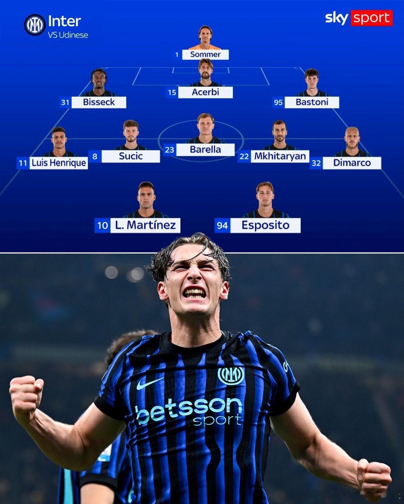 【首发阵容】天空体育预测国际米兰本场主力阵容，巴雷拉踢后腰，阿坎吉轮休，皮奥、阿