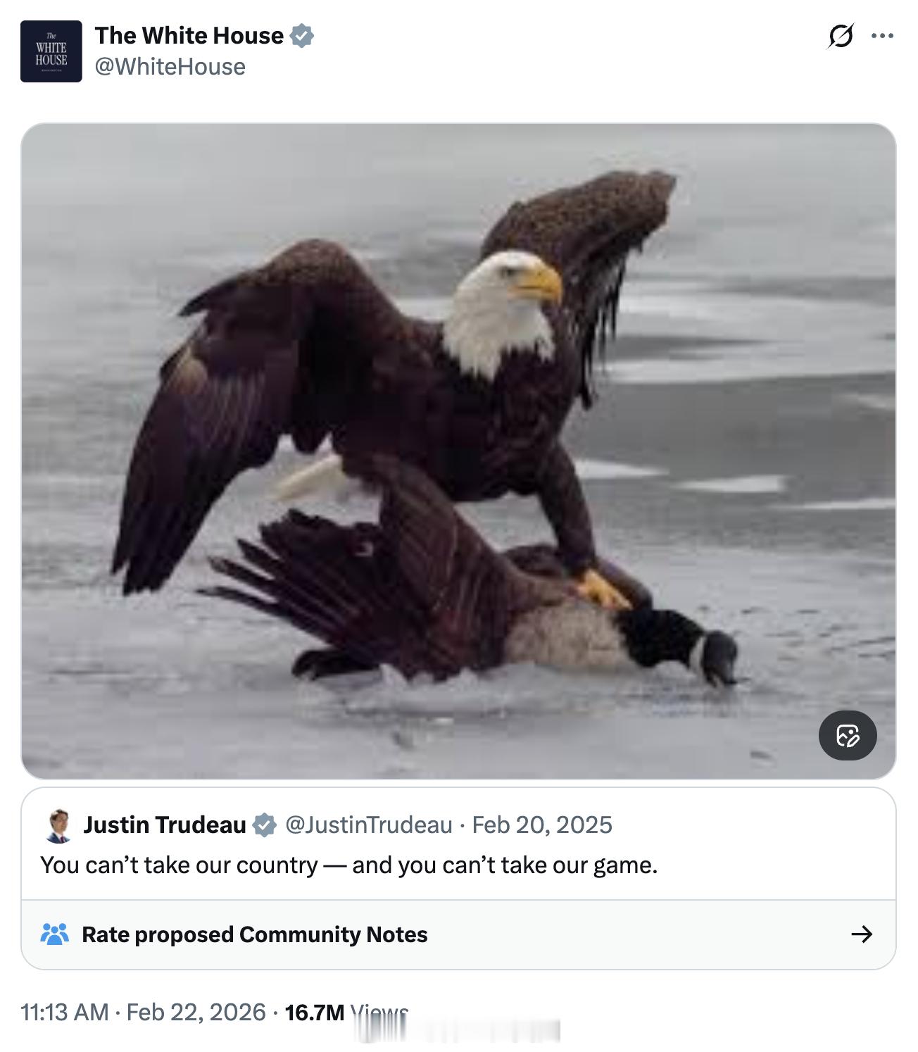 包揽冰球奥运男女金牌后，白宫账号报复小土豆。（差不多一年前，加拿大去年在四国冰球