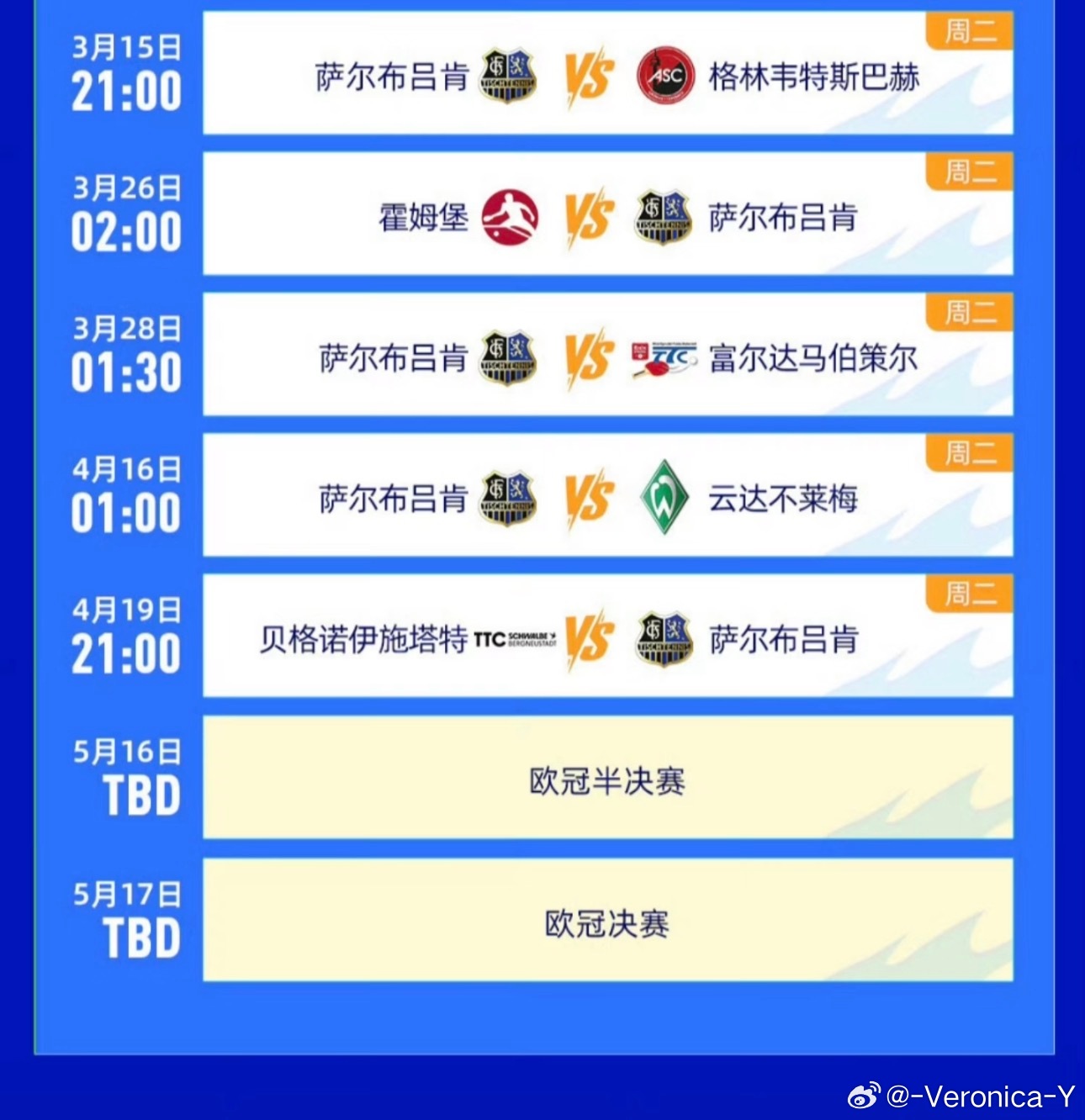 由于欧冠半决赛和决赛（5.16-17）与全锦赛[男女团体 男女单打]（5.15-