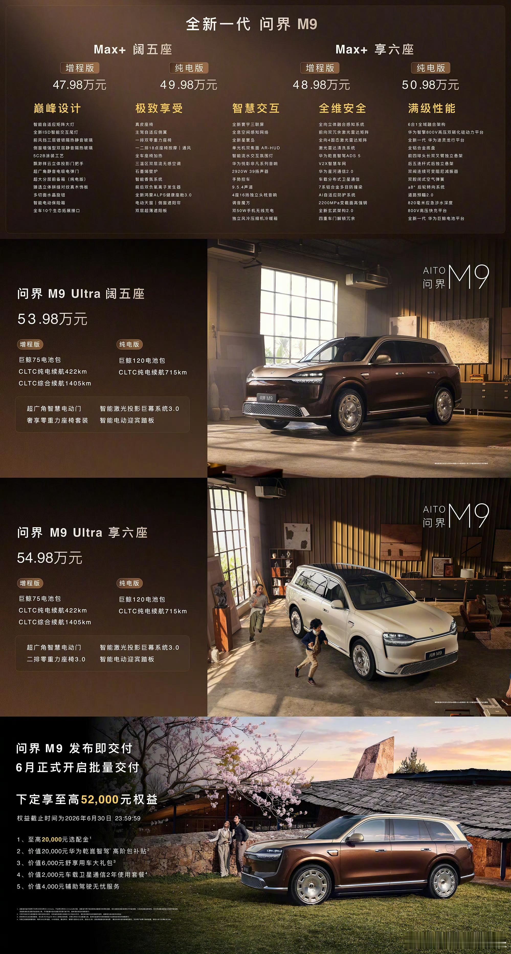 问界M9售价47.98至65.98万元华为是国内新能源汽车品牌中，唯一一个有品牌