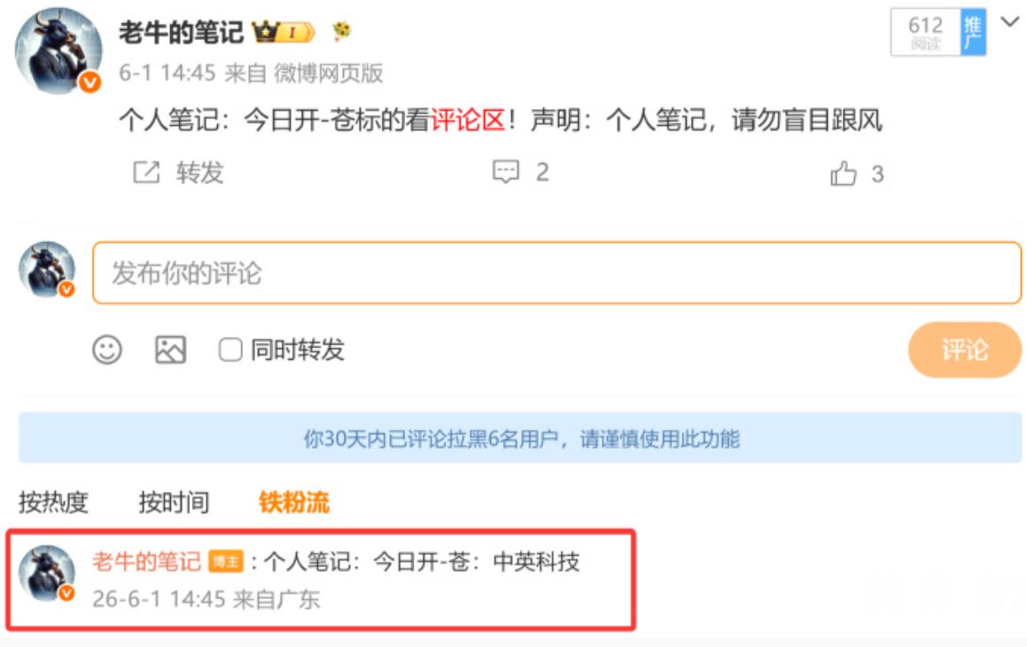 好样的！老牛在6月1日分享的 $中英科技 sz300936$  再创新高！