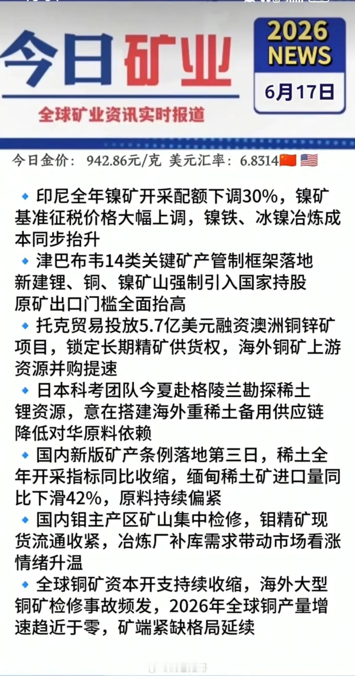 6.17周三  最新：矿业+有色新闻汇总！1.印尼镍开采配额下调30%2.津巴布
