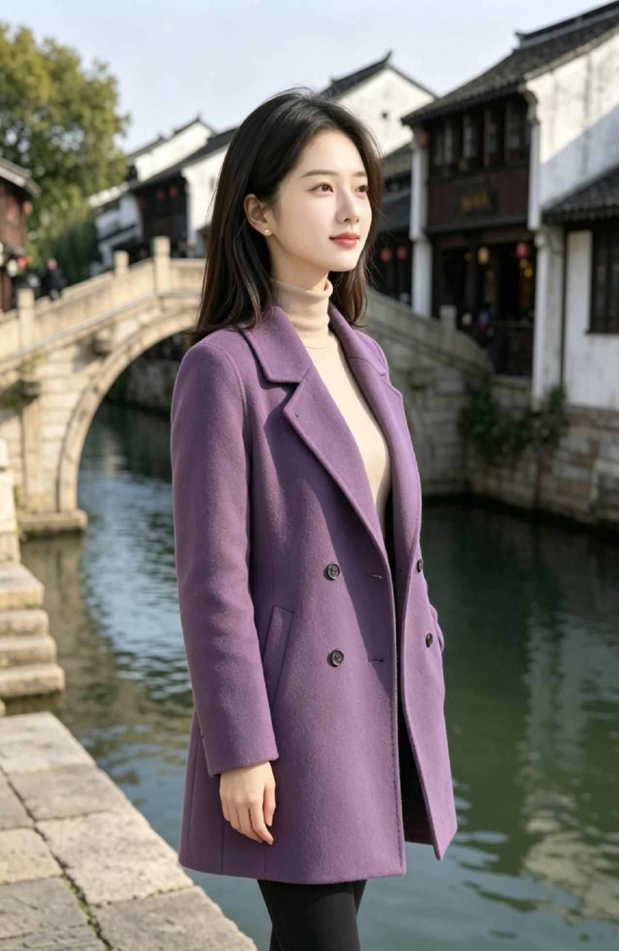 紫衣佳人立水边，古桥映影入画来。这般美景，宛如从古老诗画中缓缓走来。佳人一袭紫衣