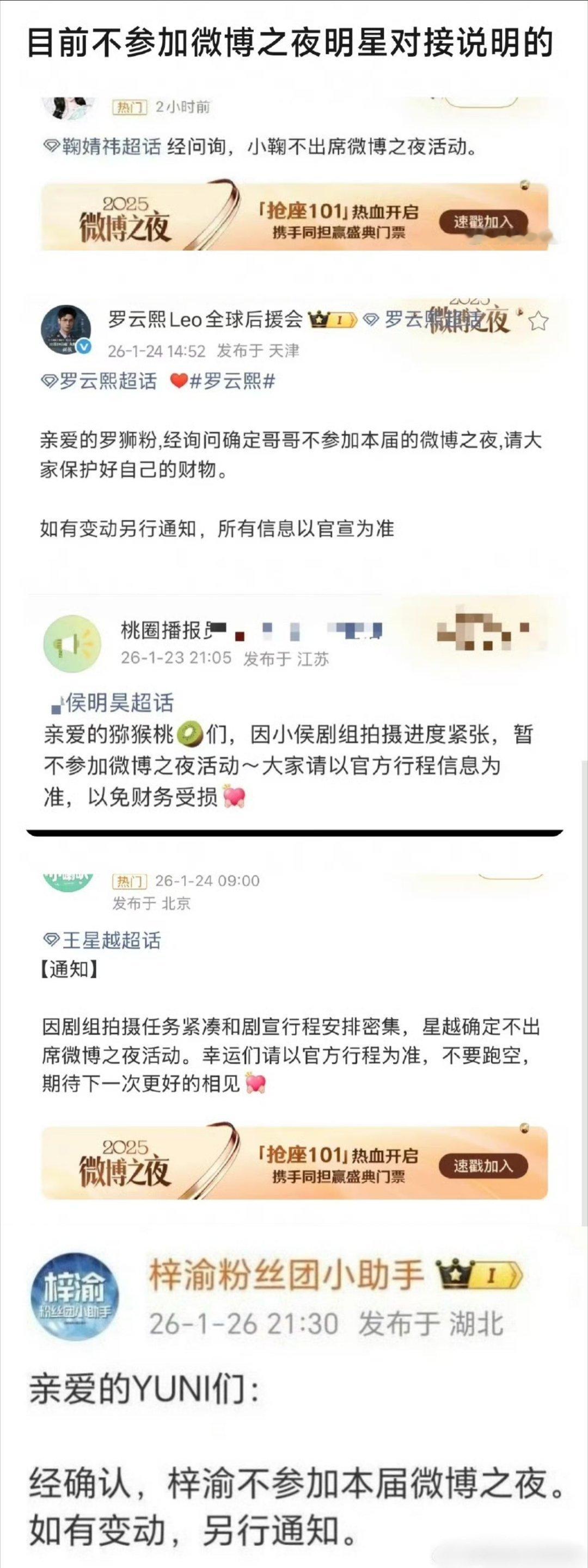 目前确认不出席微博之夜活动的艺人 