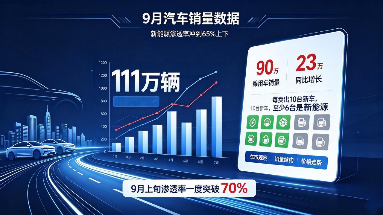 乘联分会刚出的研判：
9月新能源零售预计111万辆，渗透率冲到65%上下。
金九