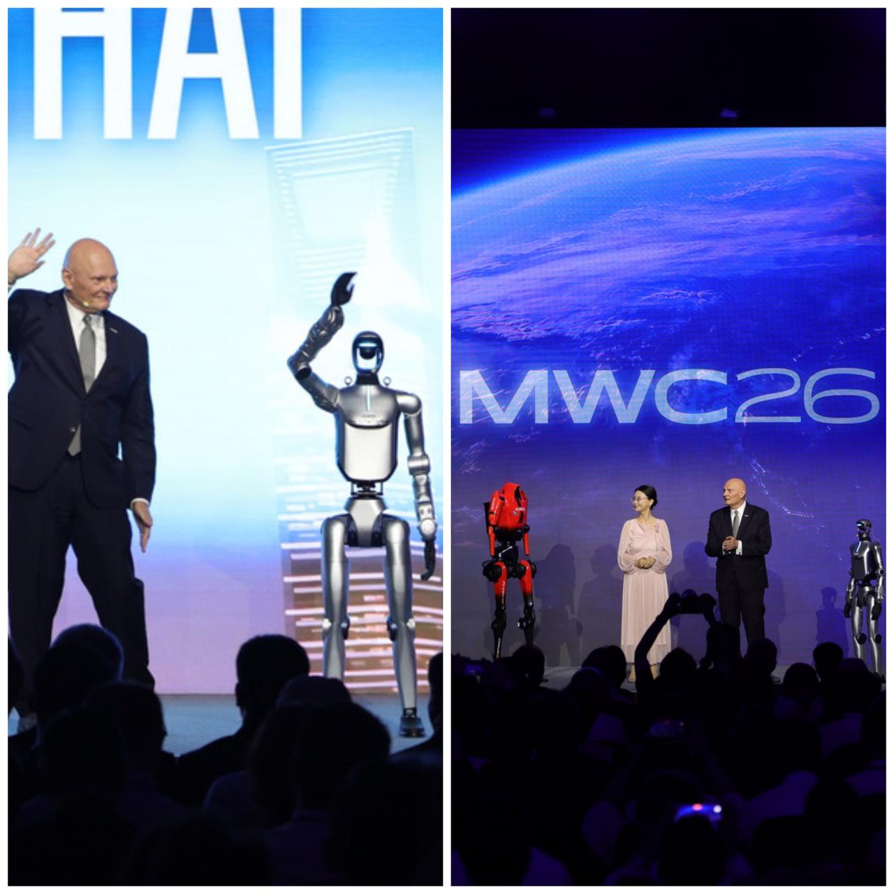 MWC26，荣耀机器人闪电、元气仔和GSMA的两位官方主持人同台搭档开场，
潮酷