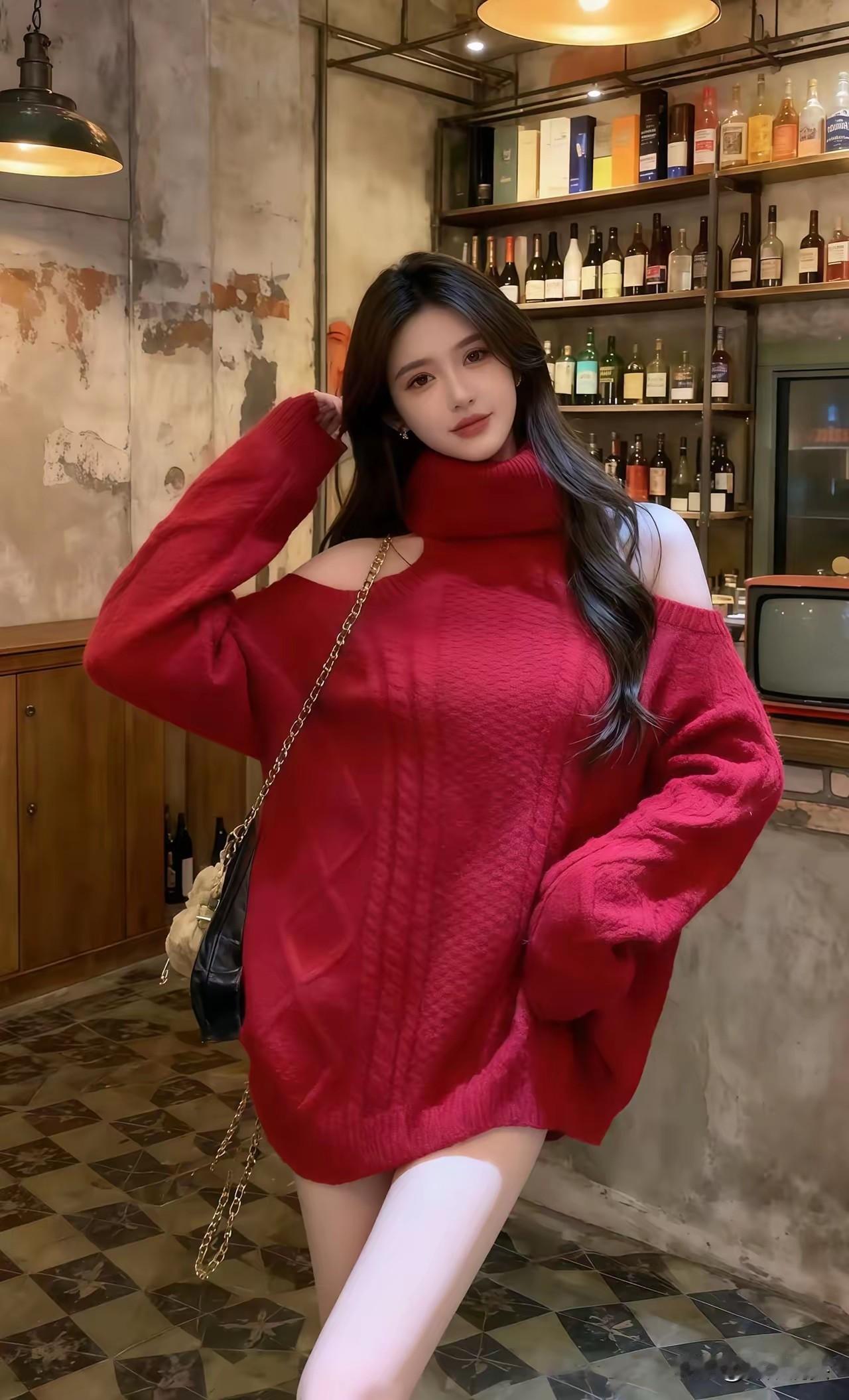 复古酒吧里的时尚红衣少女🍷👗✨