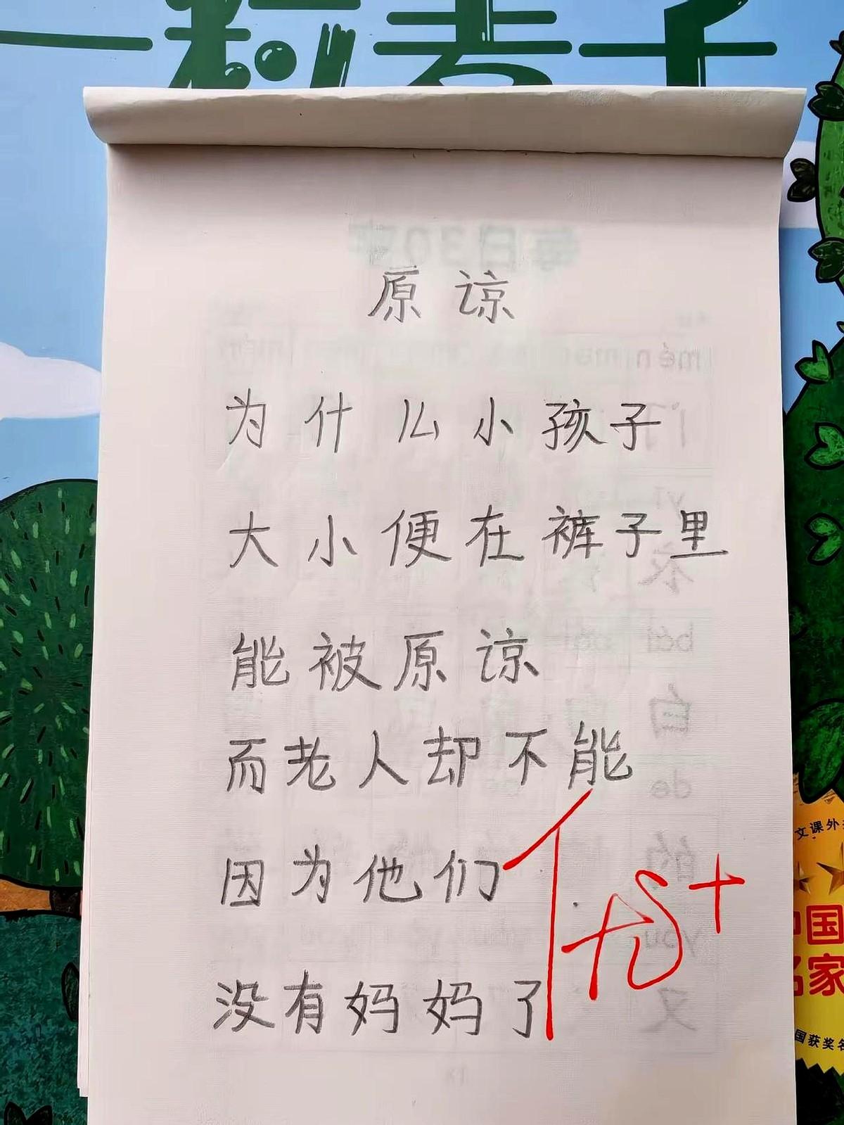 孩子写诗看哭大人

周口一年级王梓鑫写妈妈：月亮爬上窗，她还在厨房，油花像星星落