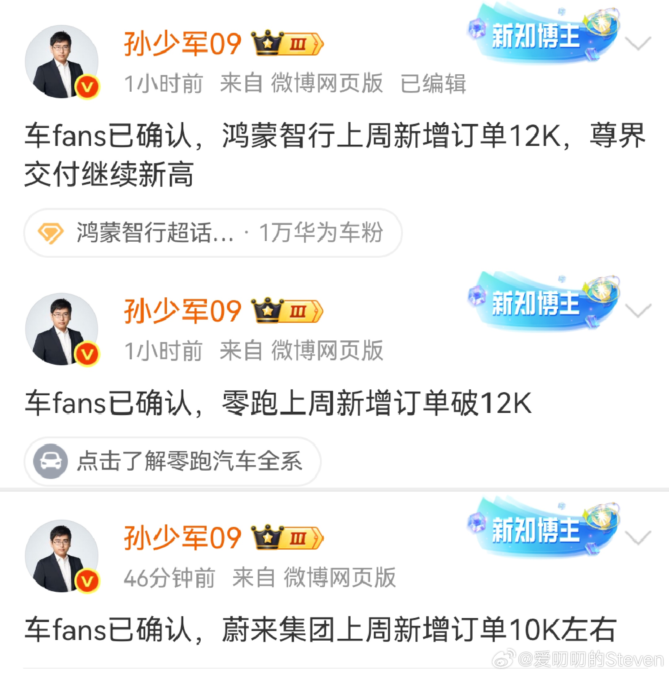 新势力上周新增订单，鸿蒙智行12000，领跑12000，蔚来10000。金九银十