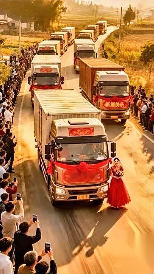 十辆半挂嫁女儿！

第三行才告诉你：车头挂的喜字是司机们连夜手剪的。

我盯着视