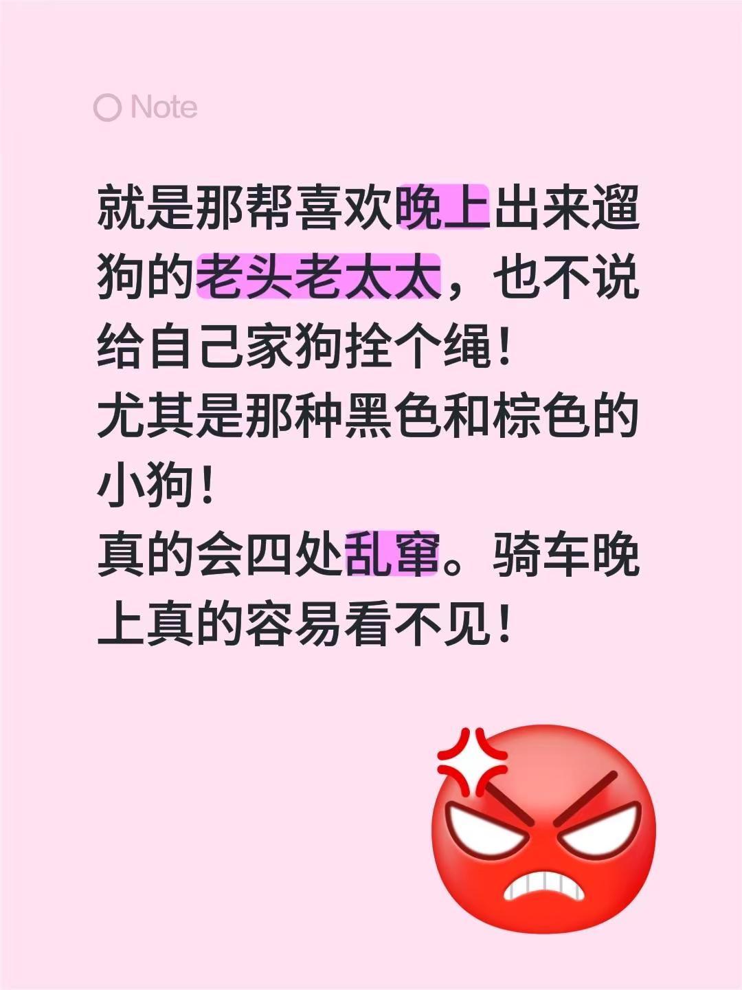 就是那帮喜欢晚上出来遛狗的老头老太太，也不说给自己家狗拴个绳！尤其是那种黑色和棕