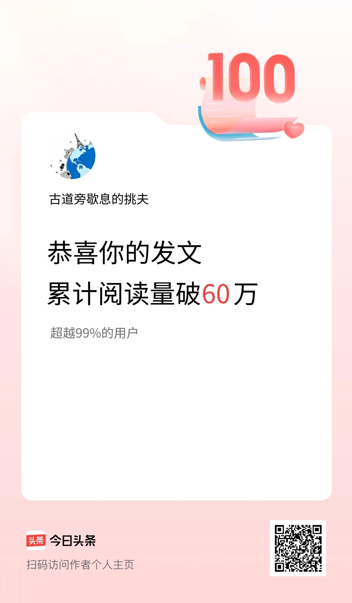 🤝我在头条累计获得阅读量破60万啦！