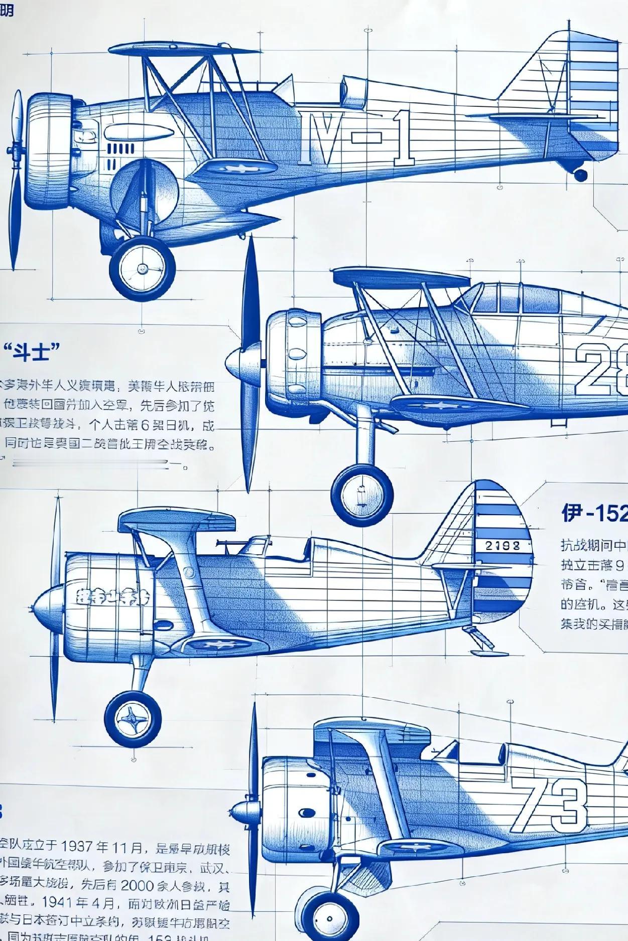 抗战空战时期，我方空军装备的战机型号多样，包括霍克3、斗士，还有苏制伊15、伊1