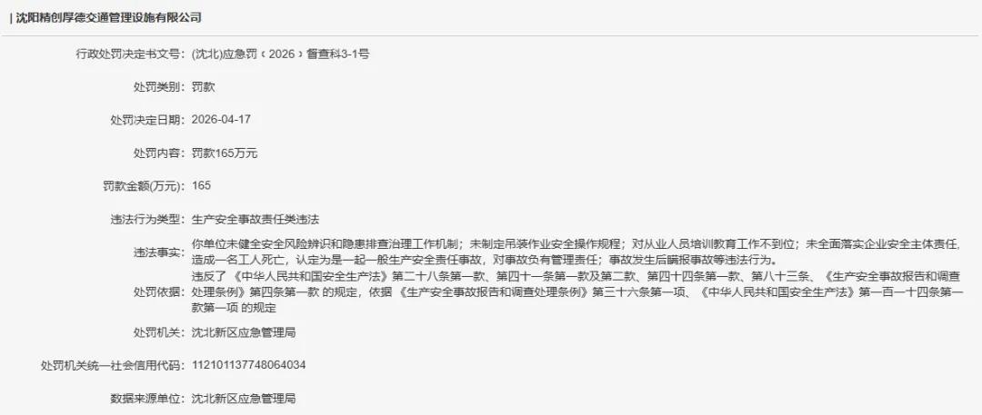 沈阳一交通设施公司瞒报生产安全事故被重罚160万元

近日，信用中国（沈阳）网站