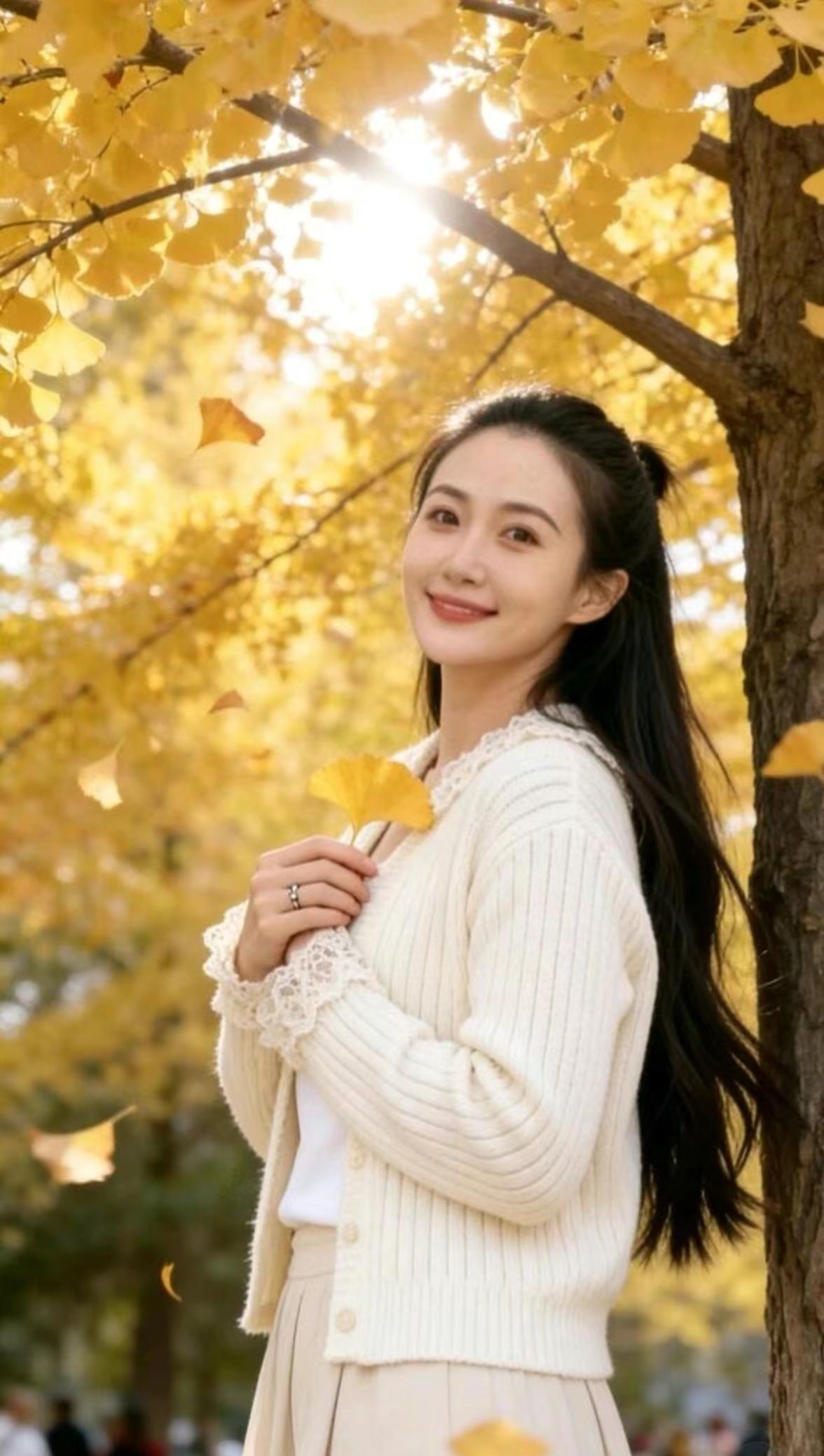 秋日暖阳下，微笑女孩与落叶共舞