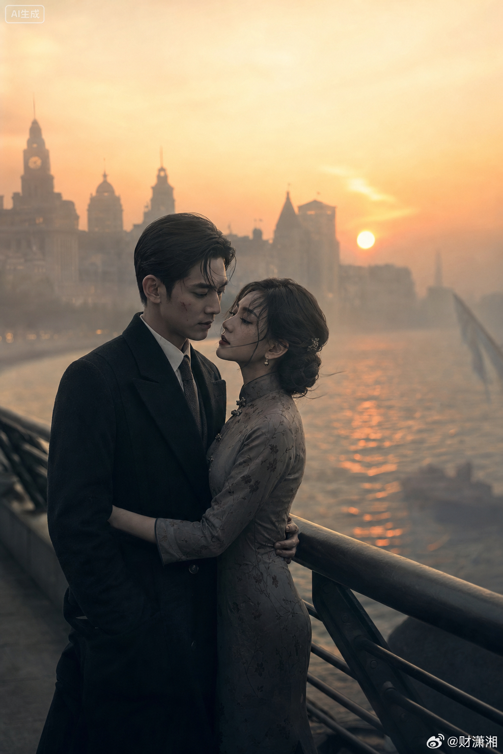 GPT-image-2 提示词：民国谍战电影质感，1940s上海外滩黄浦江堤，清