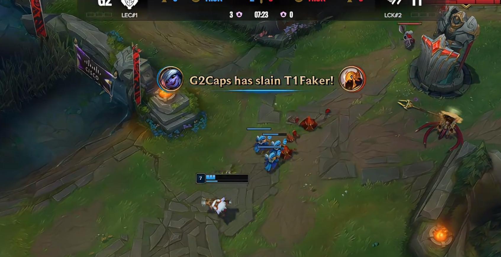 #Caps小炮单杀faker##Caps单杀faker# G2对阵T1的第一局比