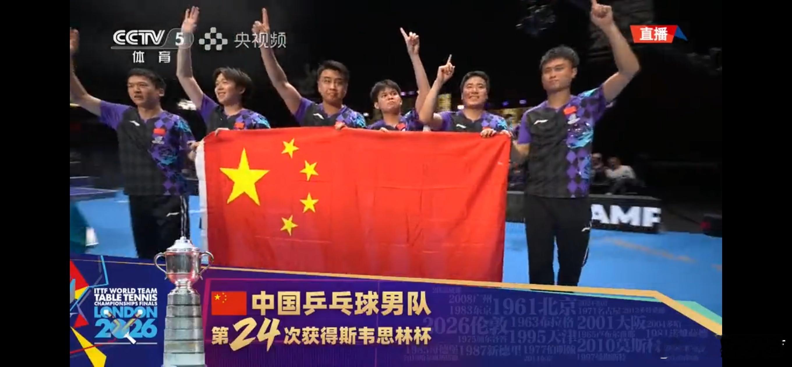 祝贺中国乒乓球男队第24次获得斯韦思林杯！国乒男团战胜日本队