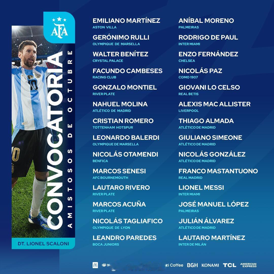 阿尔瓦雷斯，朱利亚诺，冈萨雷斯，阿尔马达和莫利纳入选新一期阿根廷国家队名单 ​​