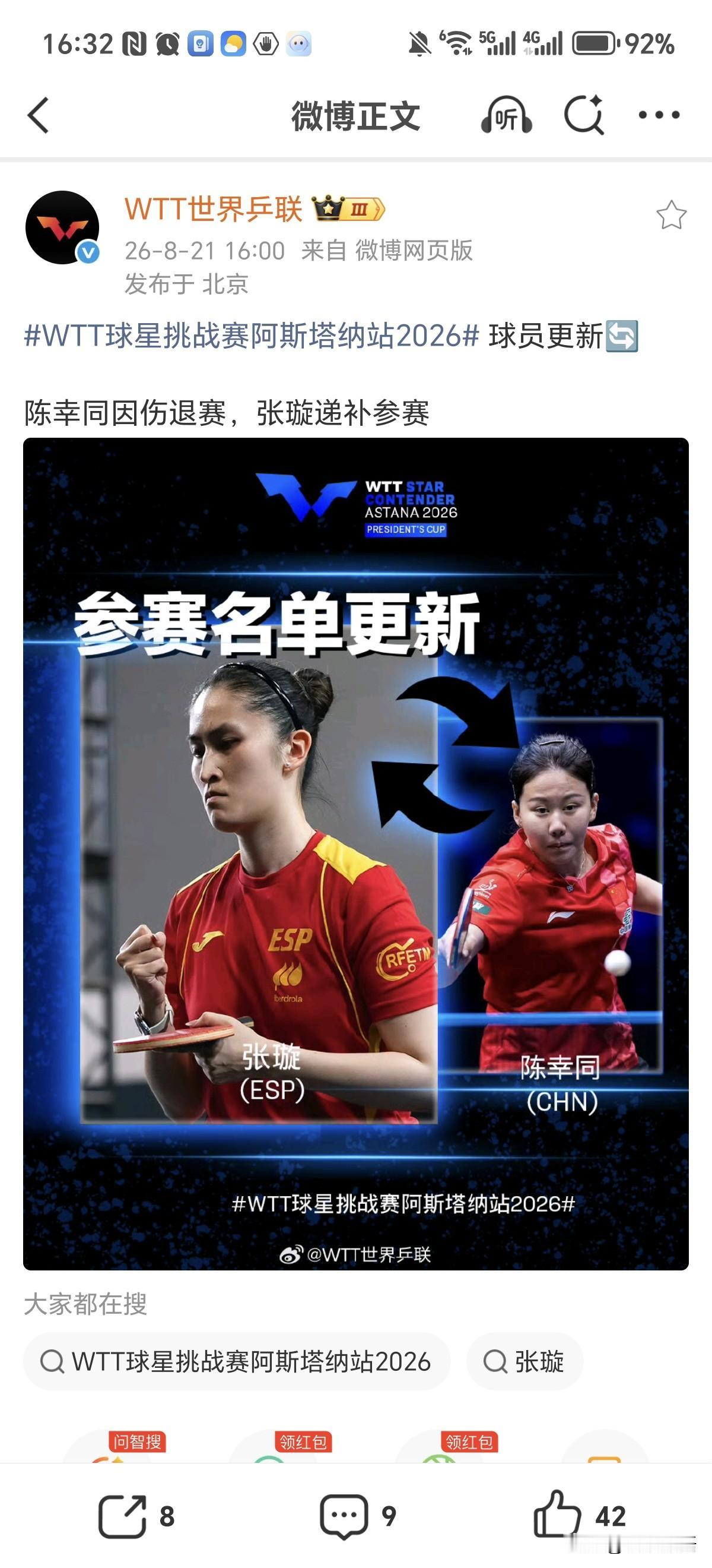 陈幸同因伤退出WTT球星挑战赛阿斯塔纳站，不知道WTT澳门冠军赛陈幸同还能不能打