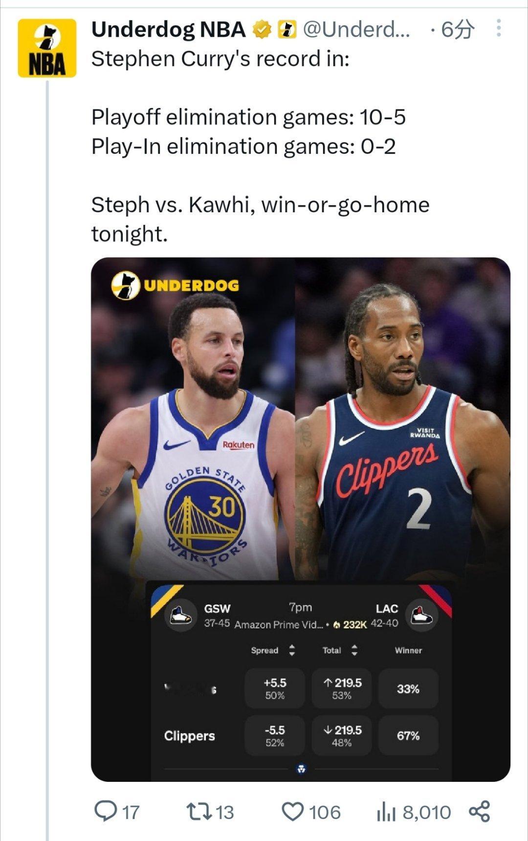 ▲库里季后赛生死战10胜5负▲库里附加赛生死战战绩0胜2负 