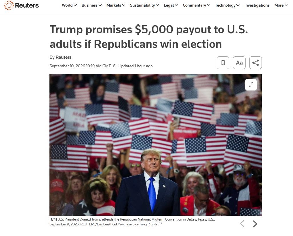 特朗普放出超级大招！如果共和党赢得选举，他将向每位美国成年公民发放5000美元。