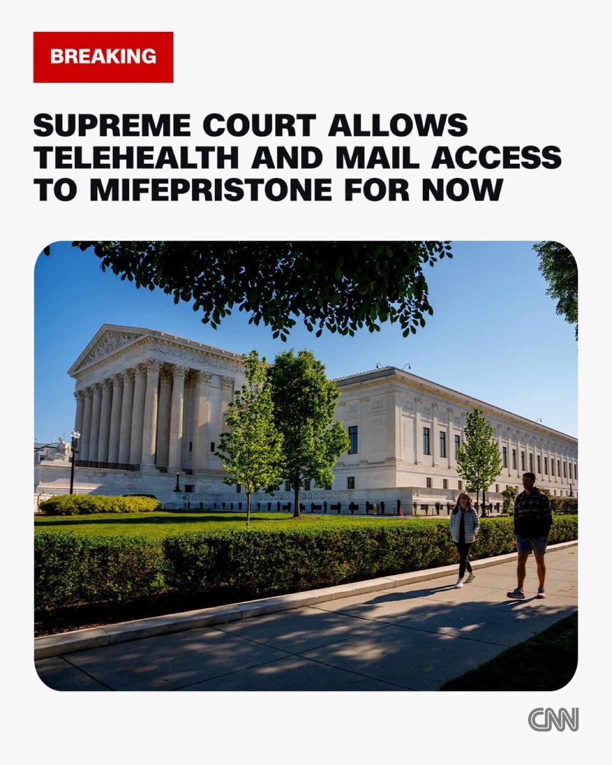 美国最高法院允许女性继续通过远程诊疗获得堕胎药米非司酮，对美国第五巡回上诉法院5