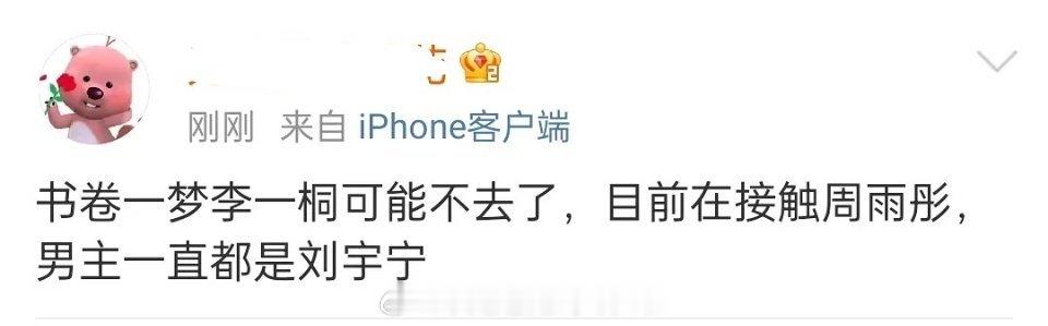 吃瓜《书卷一梦》定男选女，男主一直都是刘宇宁，李一桐可能不去了，目前在接触周雨彤