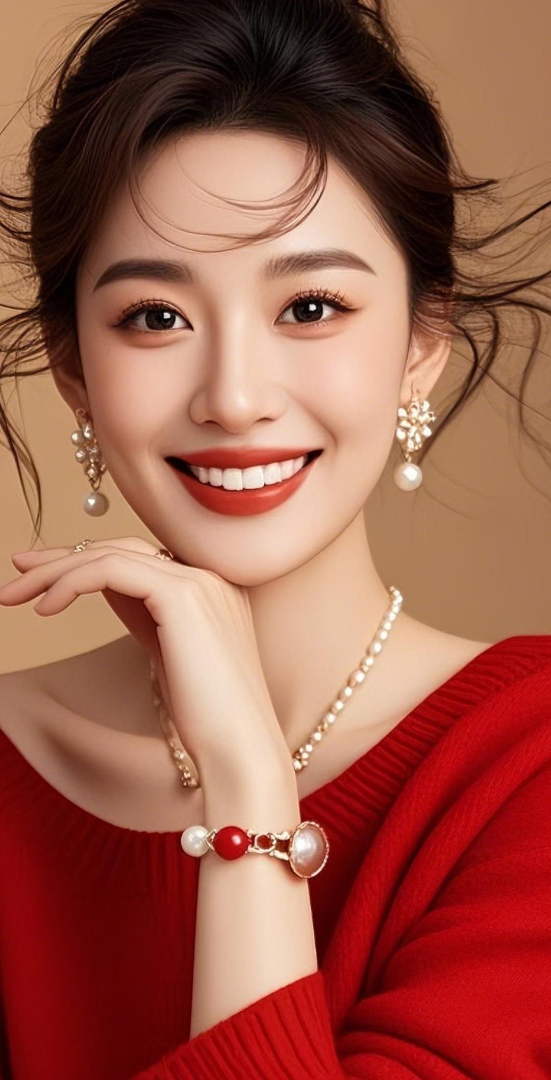 优雅红衣少女，珍珠与红宝石的完美搭配，尽显温柔与高贵！高雅气质美女 美女人像群