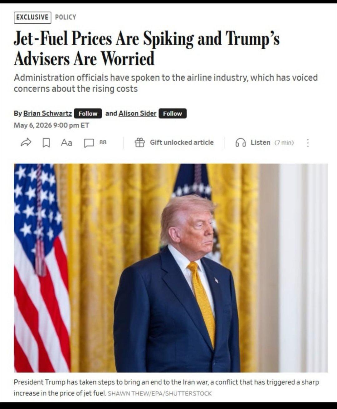 据美国《华尔街日报》报道，美国总统特朗普的顾问们越来越担心，燃油价格上涨可能会在