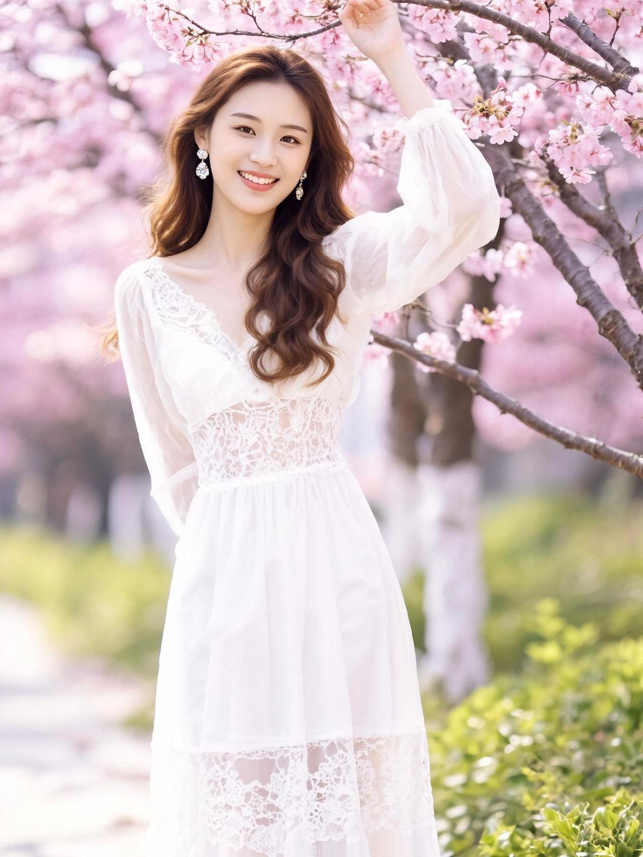 在春日的暖阳下，樱花如云般绽放，仿佛为大地披上了一层粉色的轻纱。一位身着白色长裙