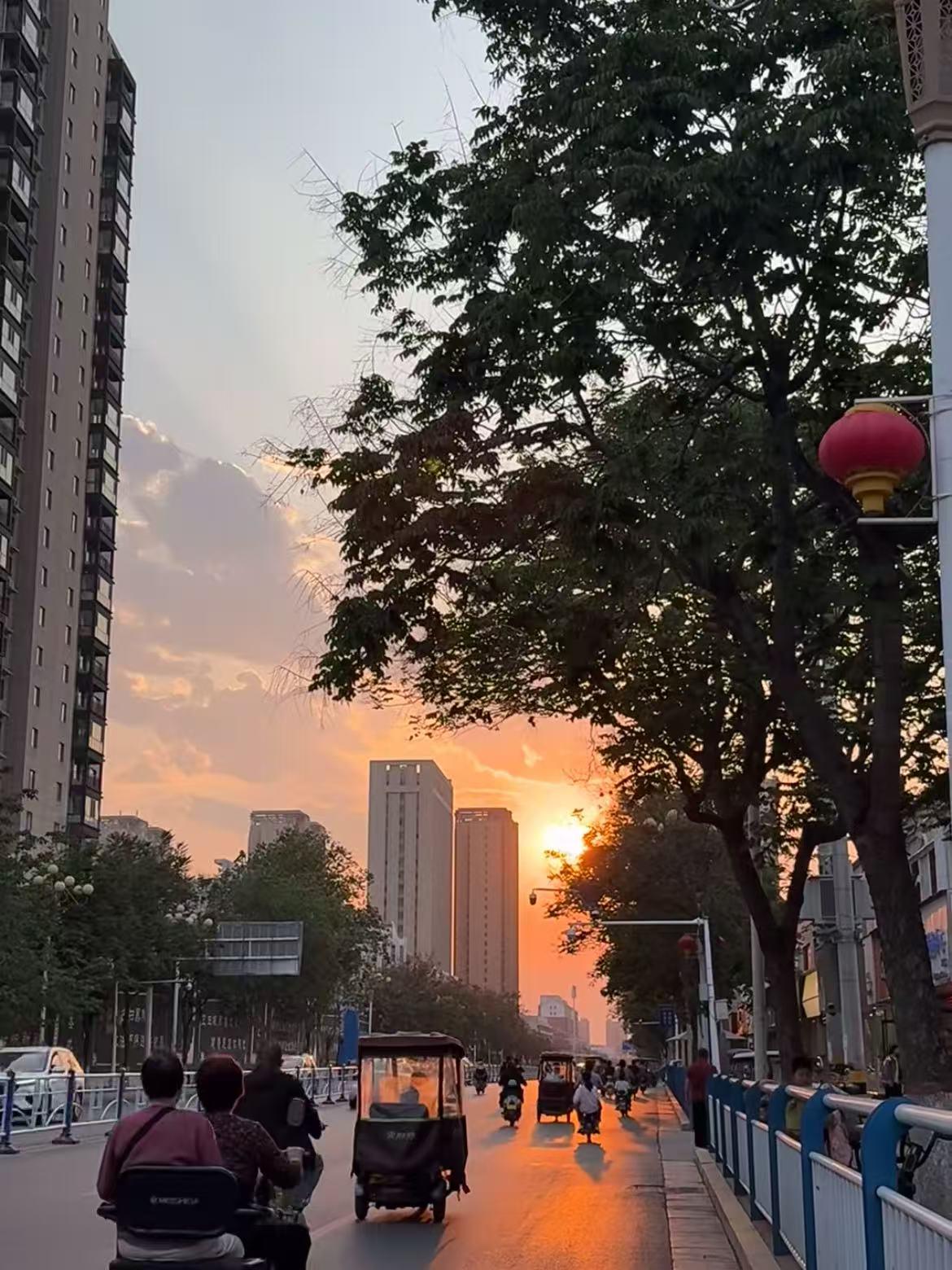 抬头撞见漫天晚霞，
像打翻了橘色颜料盘，
温柔得让人忘了归途。🌇