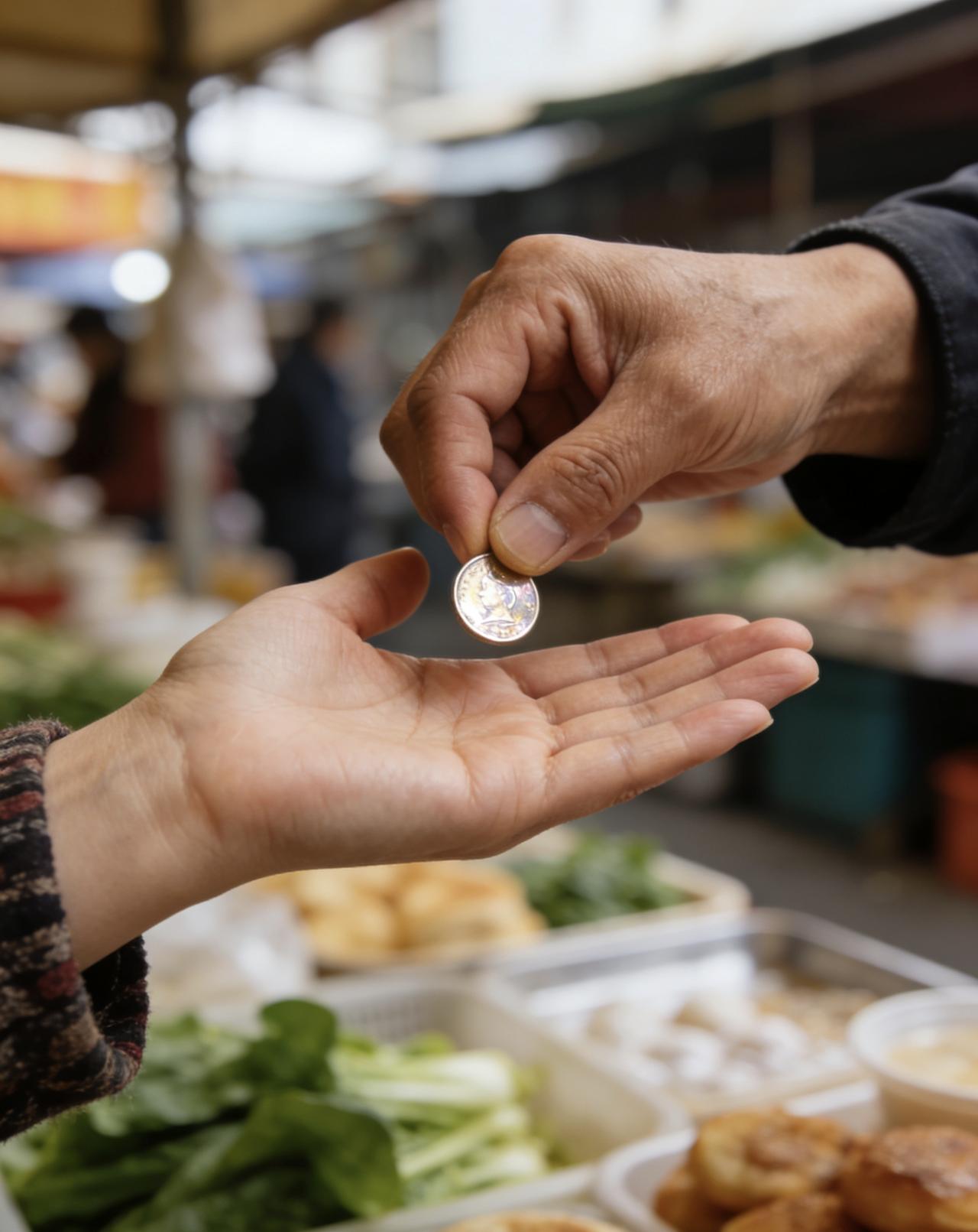 幸福就是，你刚想摸口袋找零钱，旁边老伴已经递过来一枚硬币。
这枚硬币，可能带着体