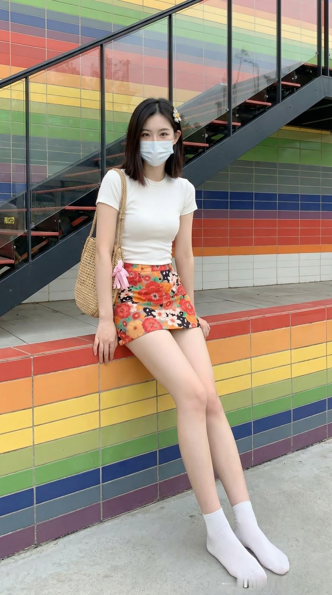 彩虹墙前的小清新穿搭，元气满满！🌈👗💕