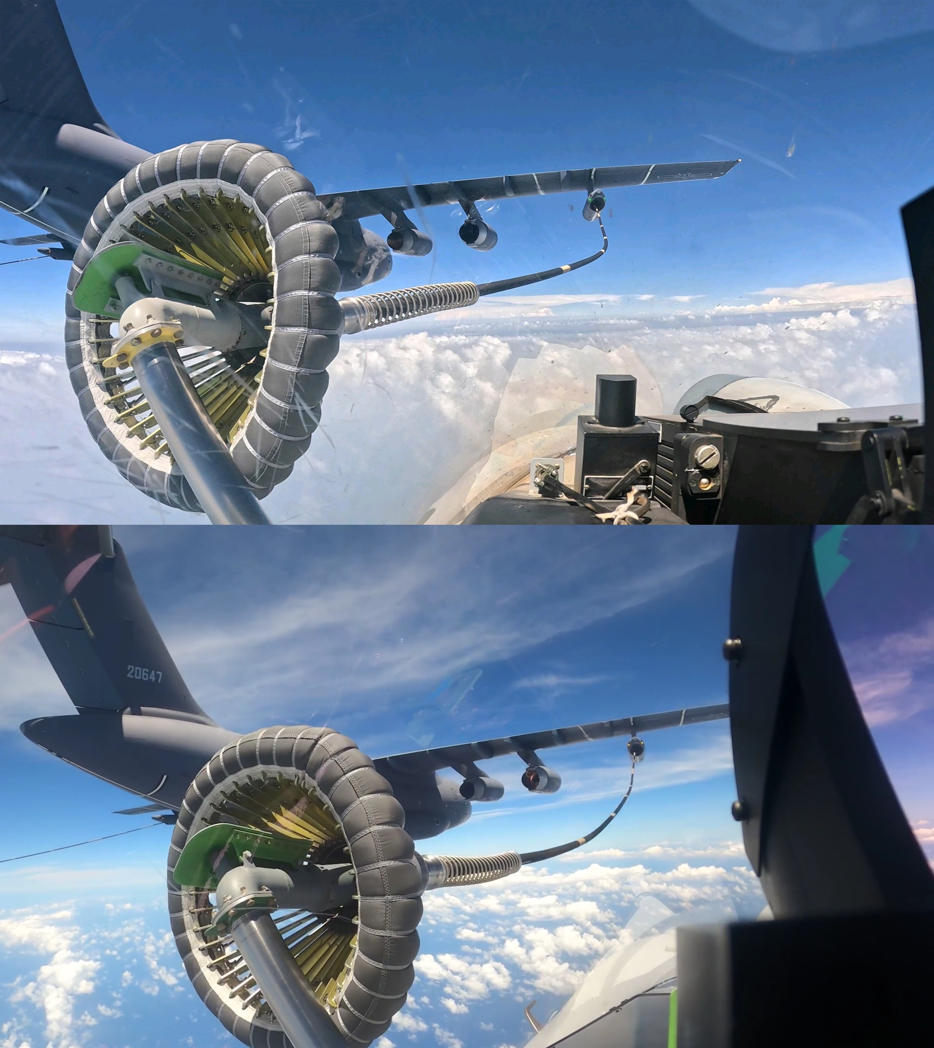 空海联动丨胖妞飞鲨运油-20A为歼-15 / 歼-15T空中加油，同角度 烽火问