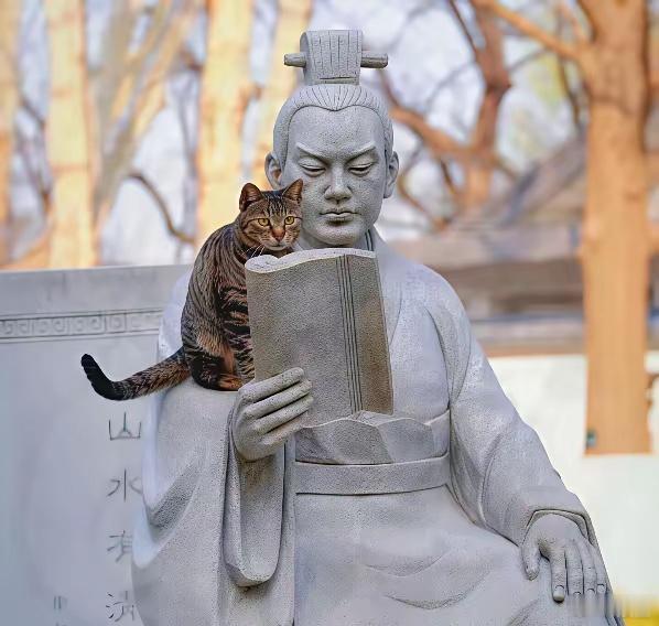有小猫作伴，沉寂的雕像一下子活了过来 
