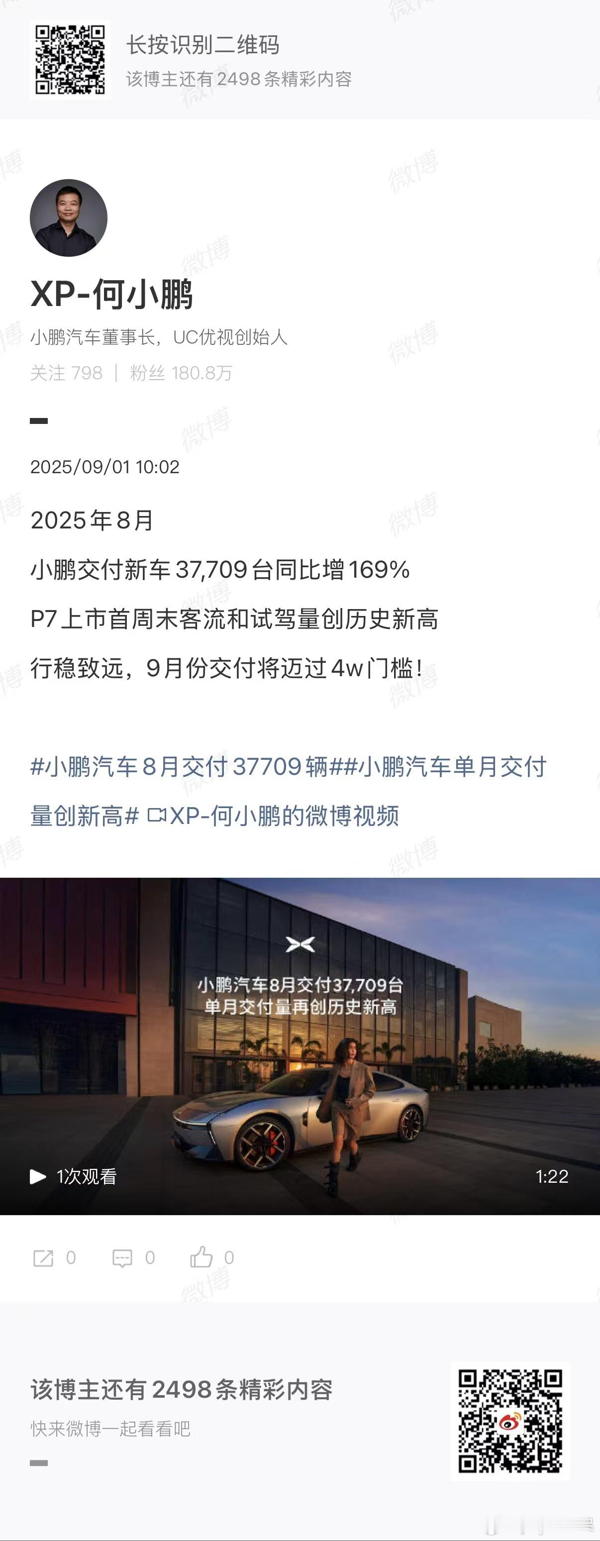 何小鹏：2025年8月，小鹏交付新车37,709台同比增169%。预计9月份交付
