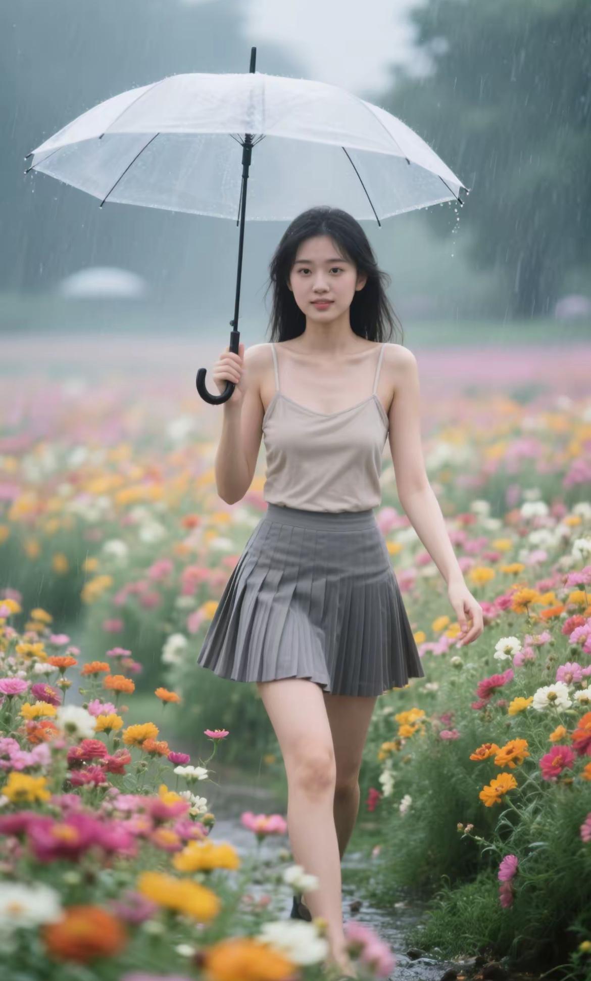 雨中漫步，撑伞漫步花丛间。春天雨中风景 雨中花朵