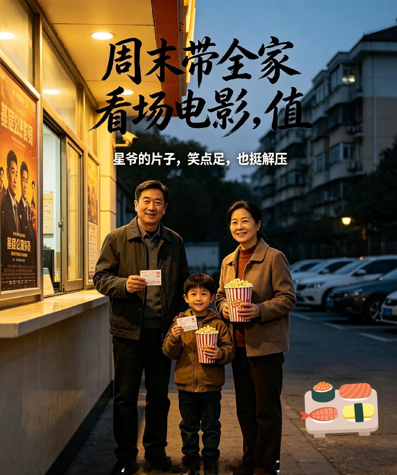 。平时下基层忙活一周压力不小，花几十块钱带家人看场电影，性价比贼实在。不用追热点
