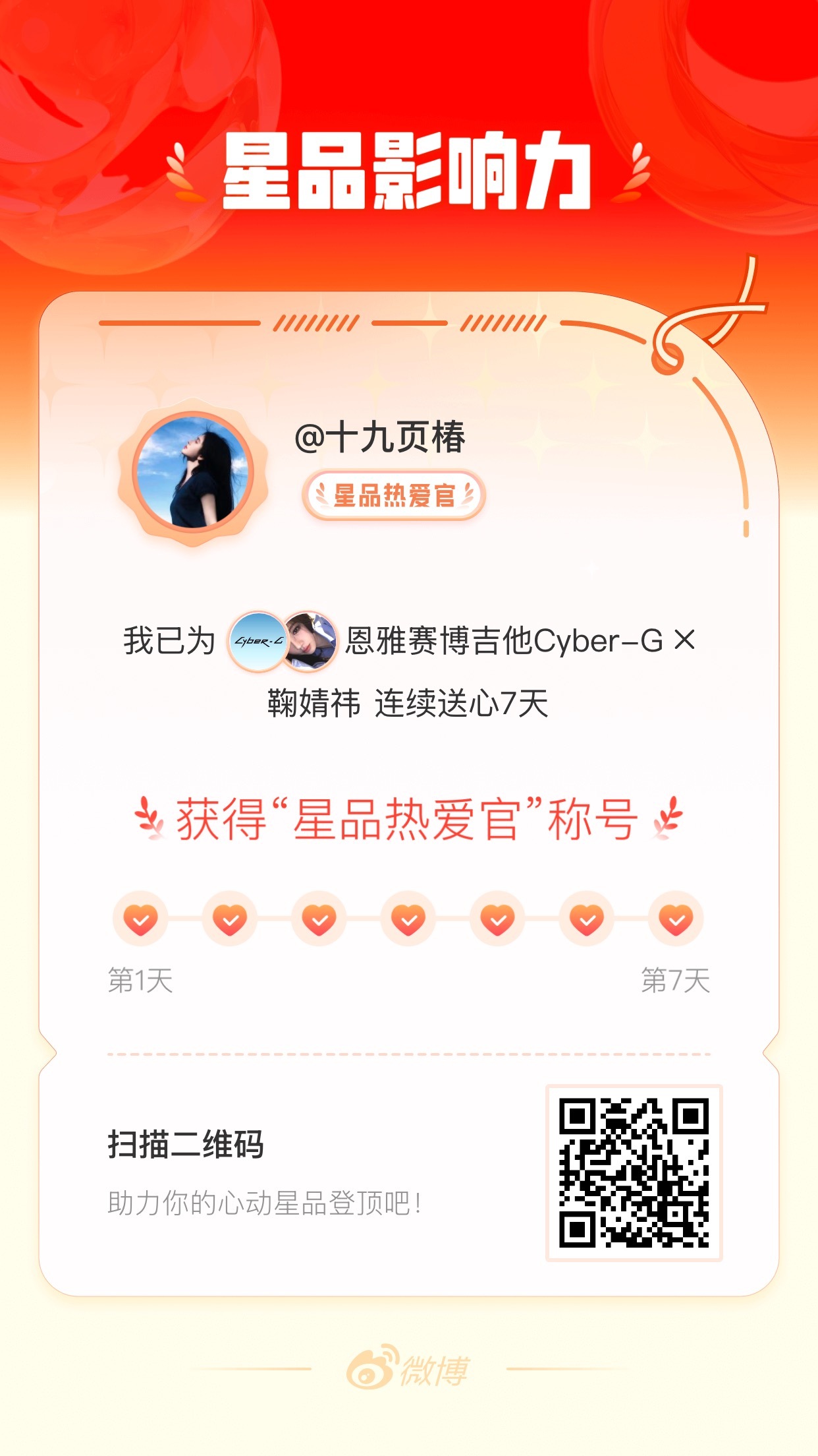 我在星品影响力上为 X 连续送心7天，获得“星品热爱官”称号！快来一起pick你