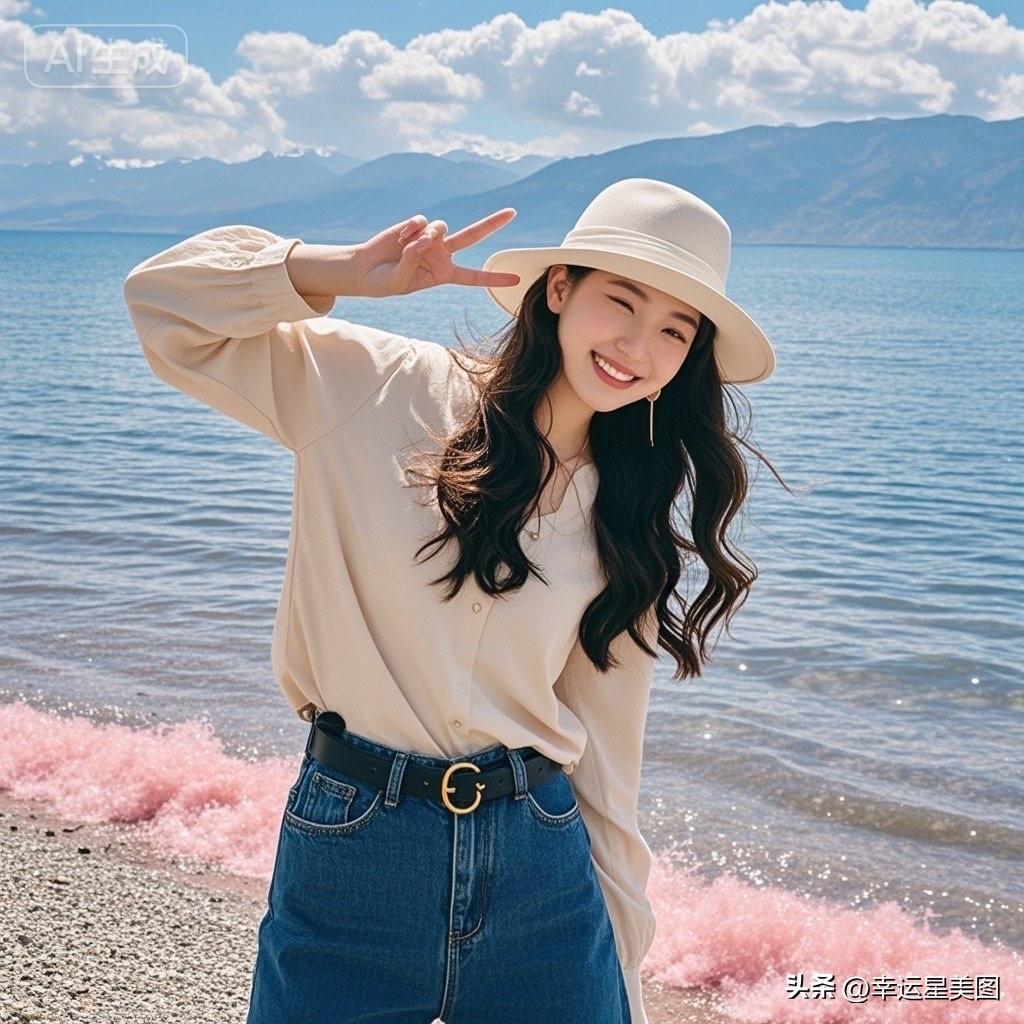 在碧蓝的湖边，微笑比个V，记录美好瞬间！🌊📸