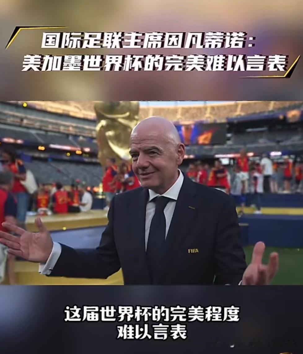 国际足联主席因凡蒂诺喜悦之情溢于言表，他说：“本届世界杯完美程度难以言表，没有词