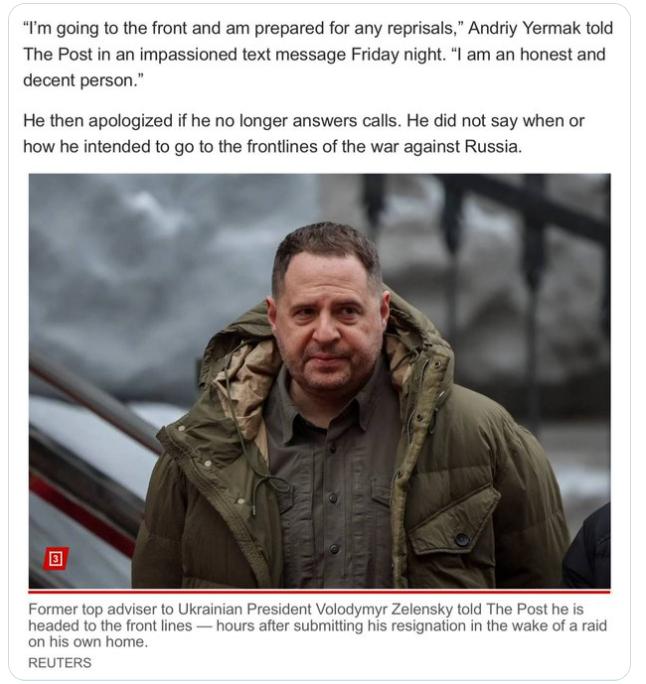 【叶尔马克将前往前线。】乌克兰总统办公室前主任在致《纽约邮报》的一封信中宣布了这