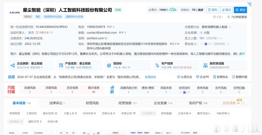 7 月 6 日，星尘智能完成股份制改造，正式更名为星尘智能（深圳）人工智能科技股