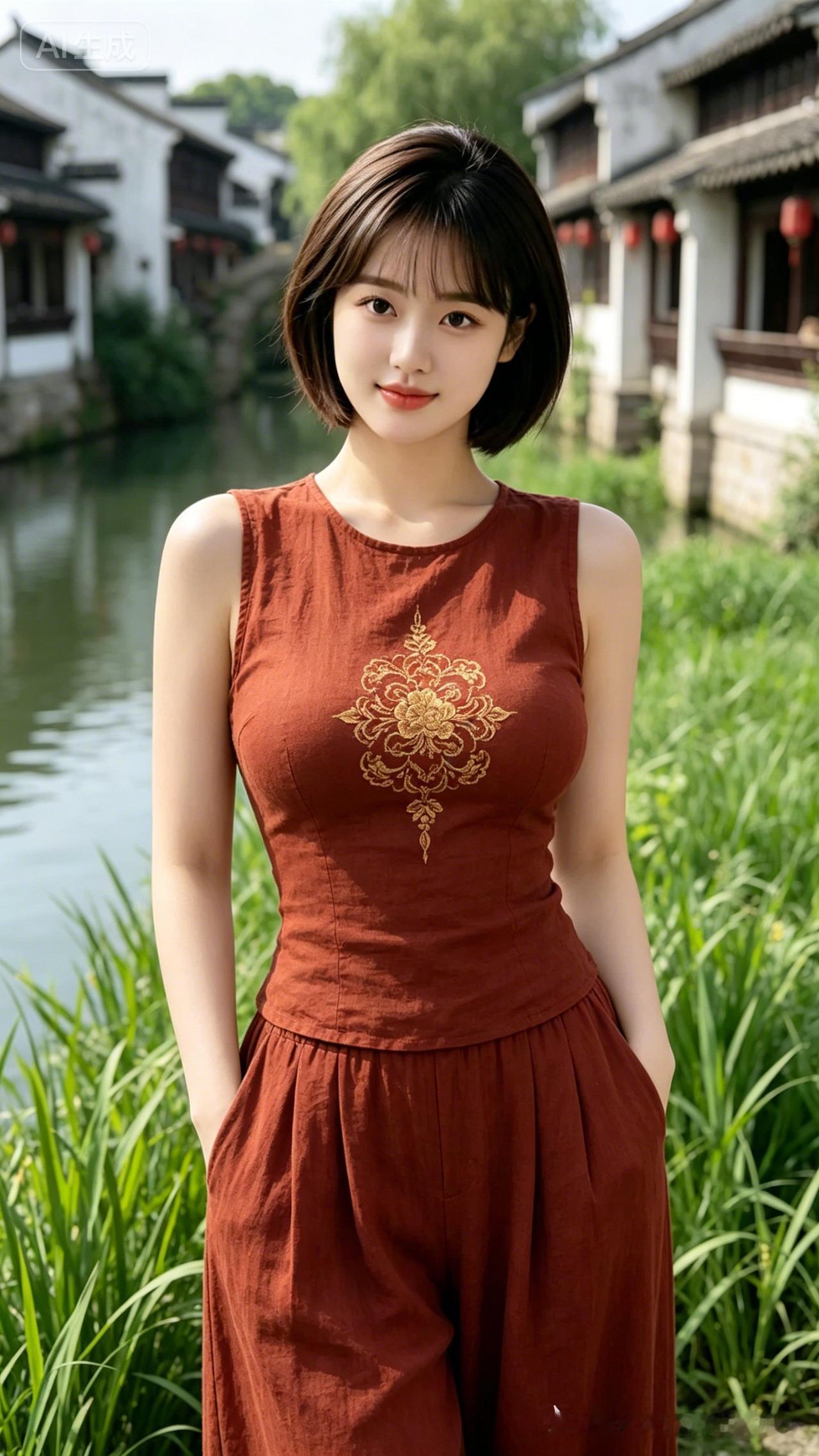 她穿着棕红色连衣裙站在河边。