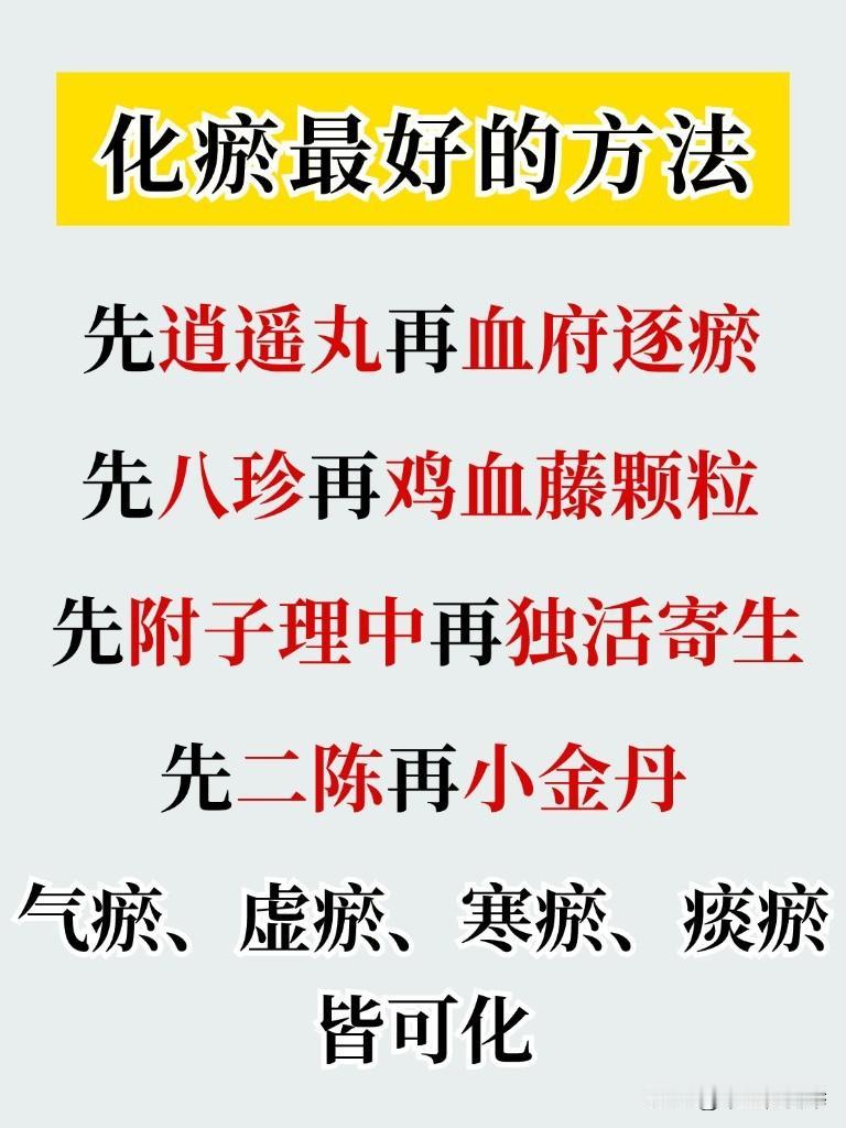 化瘀最好的方法只有四句话：

1、先逍遥丸，再血府逐瘀---化气瘀

2、先八珍